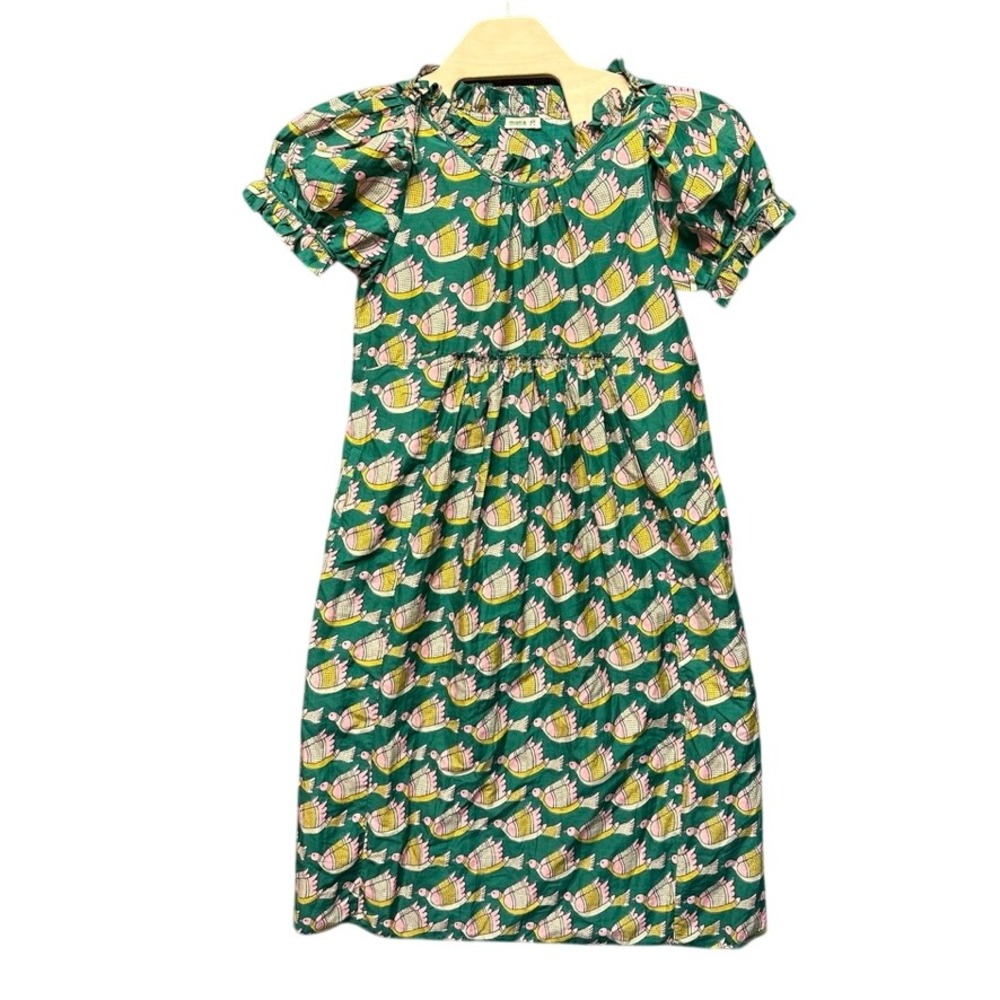 Matta Green Bird Block Print Dress Womens Medium Ruffle Puff Sleeve Cotton Boho